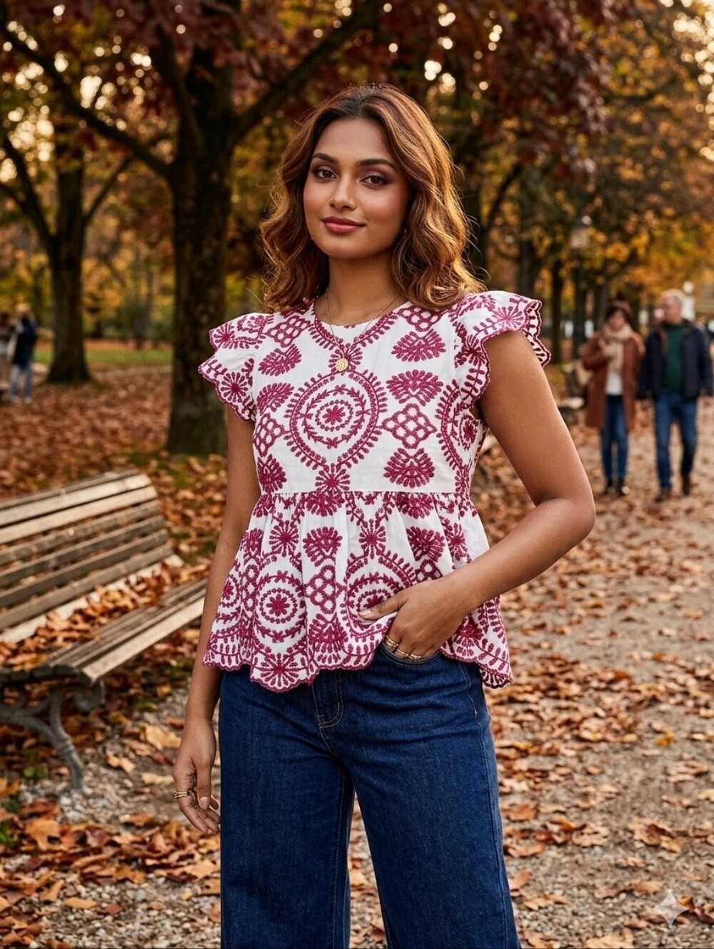 Flutter Sleeve Top with Red Bohemian Embroidery And White Bow Fall Photoshoot
